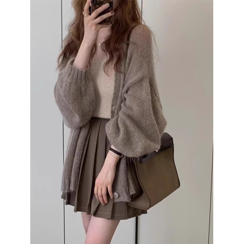 復古燈籠袖馬海毛針織開衫薄款外套女2025新款慵懶風毛衣寬松上衣