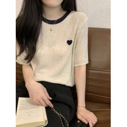 好軟糯撞色愛心短袖正肩t恤女夏季2025新款寬松薄款冰絲針織上衣
