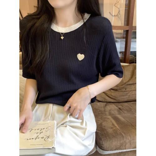 好軟糯撞色愛心短袖正肩t恤女夏季2025新款寬松薄款冰絲針織上衣 好軟糯撞色愛心短袖正肩t恤女夏季2025新款寬松薄款冰絲針織上衣