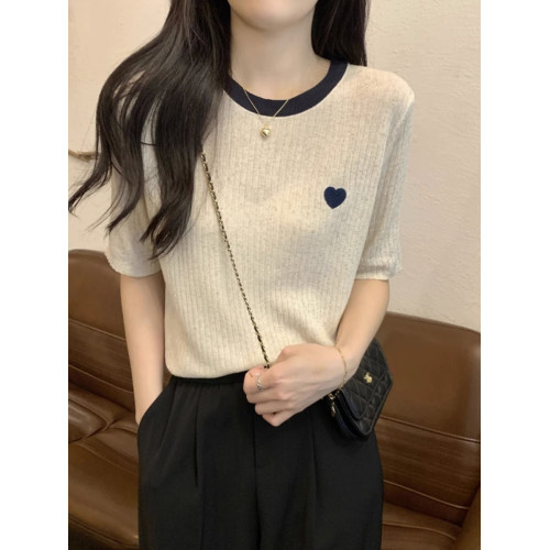 好軟糯撞色愛心短袖正肩t恤女夏季2025新款寬松薄款冰絲針織上衣 好軟糯撞色愛心短袖正肩t恤女夏季2025新款寬松薄款冰絲針織上衣