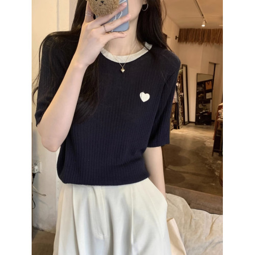 好軟糯撞色愛心短袖正肩t恤女夏季2025新款寬松薄款冰絲針織上衣 好軟糯撞色愛心短袖正肩t恤女夏季2025新款寬松薄款冰絲針織上衣