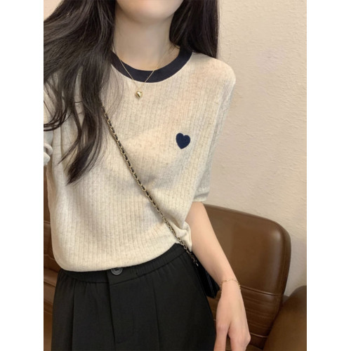 好軟糯撞色愛心短袖正肩t恤女夏季2025新款寬松薄款冰絲針織上衣 好軟糯撞色愛心短袖正肩t恤女夏季2025新款寬松薄款冰絲針織上衣