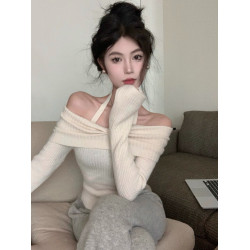 韓版辣妹一字肩掛脖長袖針織衫女2025秋冬季新款修身顯瘦短款上衣