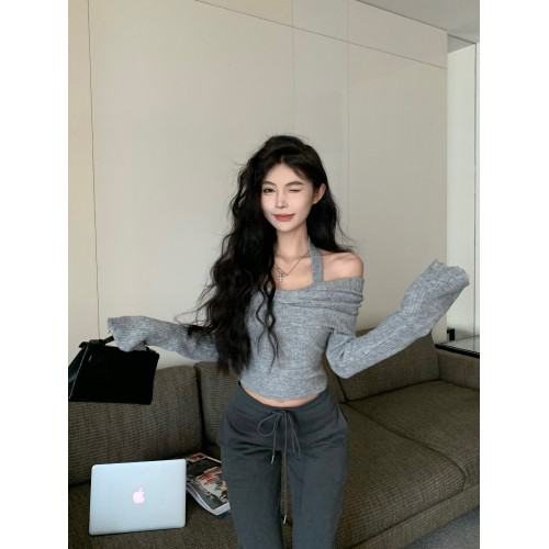 韓版辣妹一字肩掛脖長袖針織衫女2025秋冬季新款修身顯瘦短款上衣 韓版辣妹一字肩掛脖長袖針織衫女2025秋冬季新款修身顯瘦短款上衣