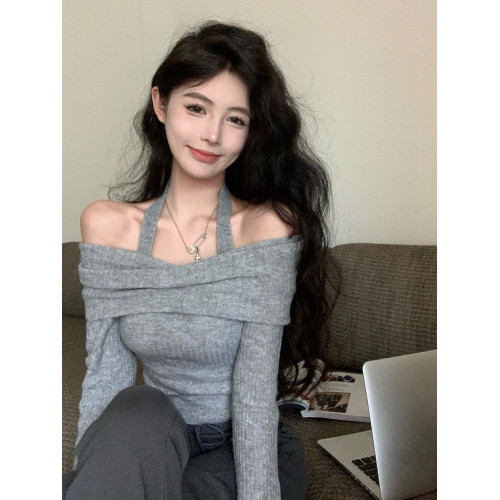 韓版辣妹一字肩掛脖長袖針織衫女2025秋冬季新款修身顯瘦短款上衣 韓版辣妹一字肩掛脖長袖針織衫女2025秋冬季新款修身顯瘦短款上衣