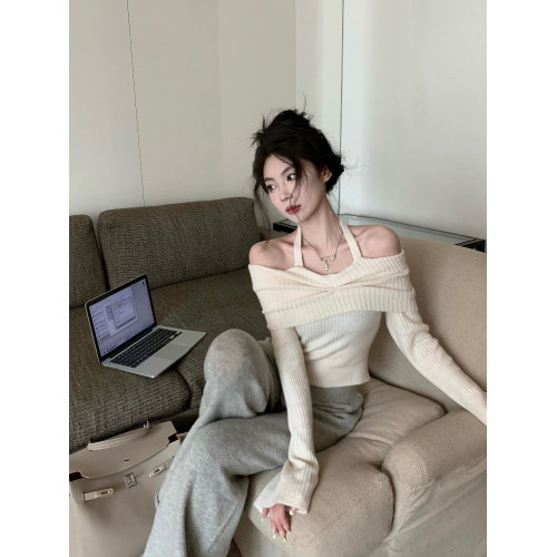 韓版辣妹一字肩掛脖長袖針織衫女2025秋冬季新款修身顯瘦短款上衣 韓版辣妹一字肩掛脖長袖針織衫女2025秋冬季新款修身顯瘦短款上衣