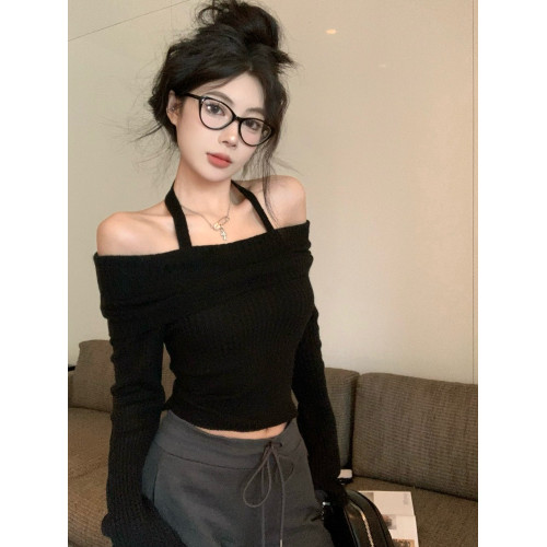 韓版辣妹一字肩掛脖長袖針織衫女2025秋冬季新款修身顯瘦短款上衣 韓版辣妹一字肩掛脖長袖針織衫女2025秋冬季新款修身顯瘦短款上衣