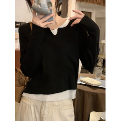 v領假兩件長袖針織衫t恤女春秋胖mm大碼內搭打底衫小個子休閒上衣