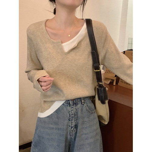 v領假兩件長袖針織衫t恤女春秋胖mm大碼內搭打底衫小個子休閒上衣 v領假兩件長袖針織衫t恤女春秋胖mm大碼內搭打底衫小個子休閒上衣