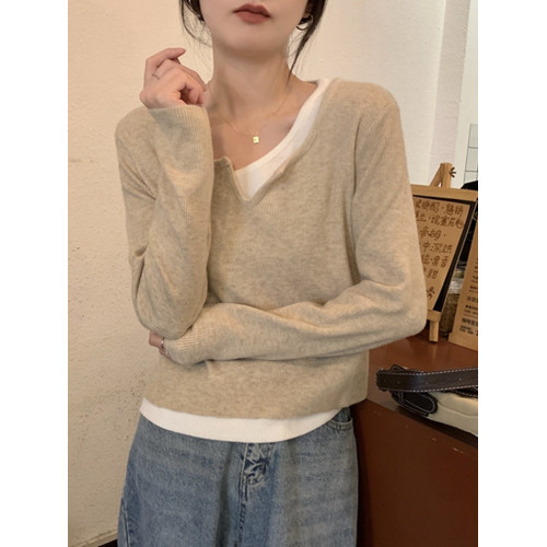 v領假兩件長袖針織衫t恤女春秋胖mm大碼內搭打底衫小個子休閒上衣 v領假兩件長袖針織衫t恤女春秋胖mm大碼內搭打底衫小個子休閒上衣