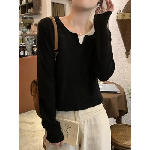 v領假兩件長袖針織衫t恤女春秋胖mm大碼內搭打底衫小個子休閒上衣 v領假兩件長袖針織衫t恤女春秋胖mm大碼內搭打底衫小個子休閒上衣