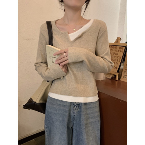 v領假兩件長袖針織衫t恤女春秋胖mm大碼內搭打底衫小個子休閒上衣 v領假兩件長袖針織衫t恤女春秋胖mm大碼內搭打底衫小個子休閒上衣