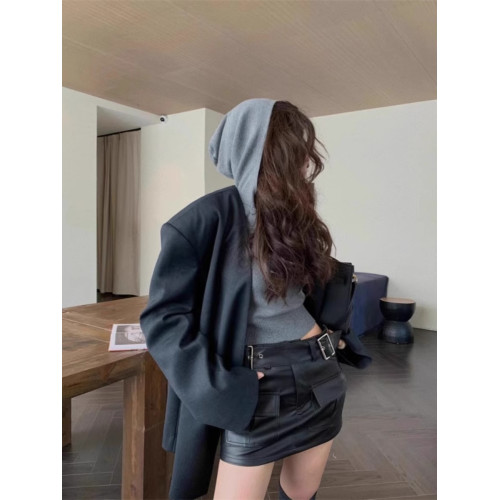 美式橘色連帽針織衫女秋季慵懶風修身短款毛衣衛衣設計感內搭上衣