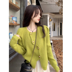 高級感不規則小香風針織開衫女秋冬軟糯溫柔風寬松短款毛衣外套潮