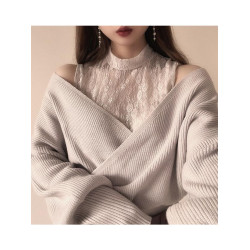 GRL新款女日系甜美蕾絲領顯瘦落肩袖純欲針織衫假兩件毛衣iz280