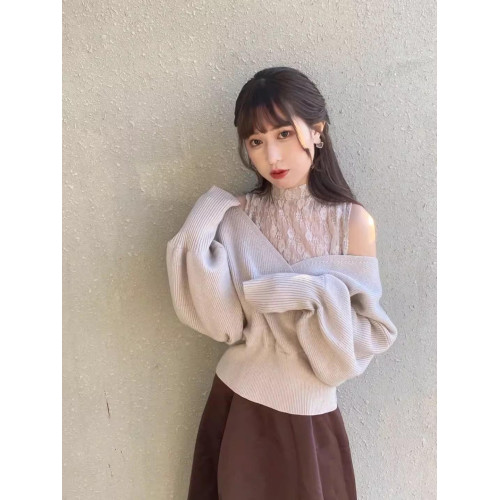 GRL新款女日系甜美蕾絲領顯瘦落肩袖純欲針織衫假兩件毛衣iz280 GRL新款女日系甜美蕾絲領顯瘦落肩袖純欲針織衫假兩件毛衣iz280