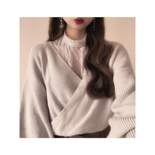 GRL新款女日系甜美蕾絲領顯瘦落肩袖純欲針織衫假兩件毛衣iz280 GRL新款女日系甜美蕾絲領顯瘦落肩袖純欲針織衫假兩件毛衣iz280