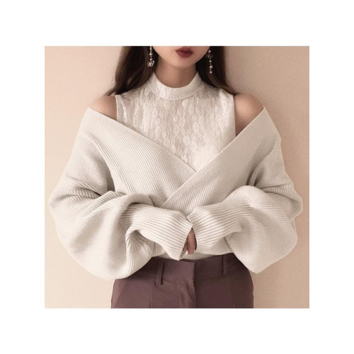 GRL新款女日系甜美蕾絲領顯瘦落肩袖純欲針織衫假兩件毛衣iz280 GRL新款女日系甜美蕾絲領顯瘦落肩袖純欲針織衫假兩件毛衣iz280