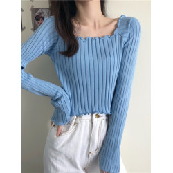 設計感小衆木耳邊長袖t恤女春秋新款不規則一字領性感內搭短上衣