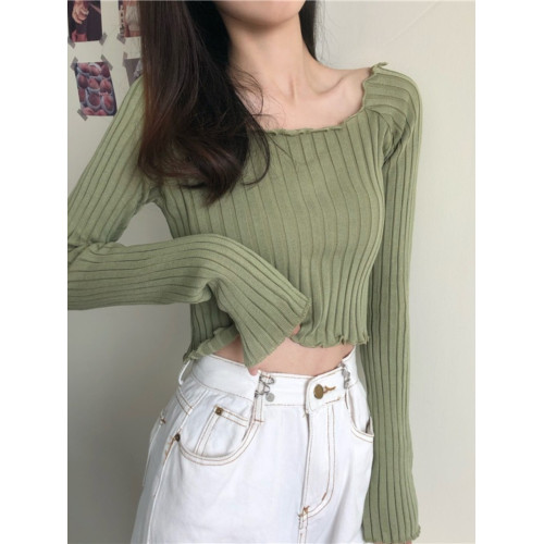 設計感小衆木耳邊長袖t恤女春秋新款不規則一字領性感內搭短上衣 設計感小衆木耳邊長袖t恤女春秋新款不規則一字領性感內搭短上衣