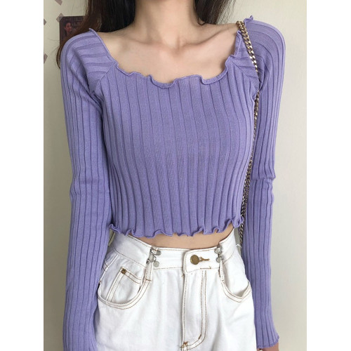 設計感小衆木耳邊長袖t恤女春秋新款不規則一字領性感內搭短上衣 設計感小衆木耳邊長袖t恤女春秋新款不規則一字領性感內搭短上衣