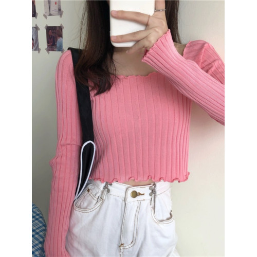 設計感小衆木耳邊長袖t恤女春秋新款不規則一字領性感內搭短上衣 設計感小衆木耳邊長袖t恤女春秋新款不規則一字領性感內搭短上衣