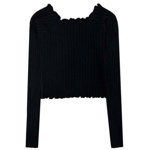 設計感小衆木耳邊長袖t恤女春秋新款不規則一字領性感內搭短上衣 設計感小衆木耳邊長袖t恤女春秋新款不規則一字領性感內搭短上衣