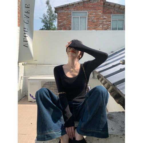 法式復古低領秋冬針織打底衫女長袖春季t恤高級感內搭上衣ins毛衣 法式復古低領秋冬針織打底衫女長袖春季t恤高級感內搭上衣ins毛衣