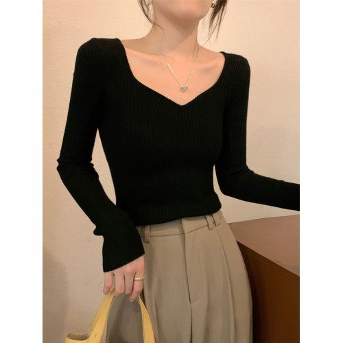 秋冬新款法式氣質V領針織衫女設計感短款修身顯瘦內搭毛衣打底衫 秋冬新款法式氣質V領針織衫女設計感短款修身顯瘦內搭毛衣打底衫