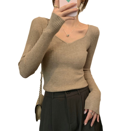 秋冬新款法式氣質V領針織衫女設計感短款修身顯瘦內搭毛衣打底衫 秋冬新款法式氣質V領針織衫女設計感短款修身顯瘦內搭毛衣打底衫