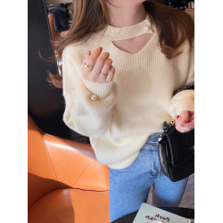 設計感小衆毛衣女2024秋冬季新款寬松韓版V領粉色鏤空針織衫上衣