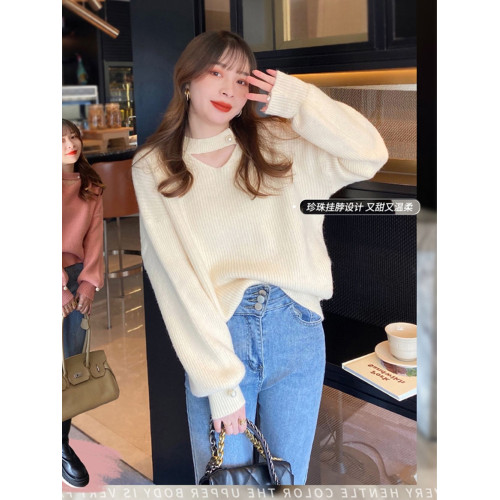 設計感小衆毛衣女2024秋冬季新款寬松韓版V領粉色鏤空針織衫上衣 設計感小衆毛衣女2024秋冬季新款寬松韓版V領粉色鏤空針織衫上衣