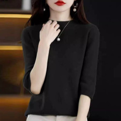 2024新款羊絨衫短袖女半高領100羊毛簡約寬松薄款七分袖羊毛衫ins
