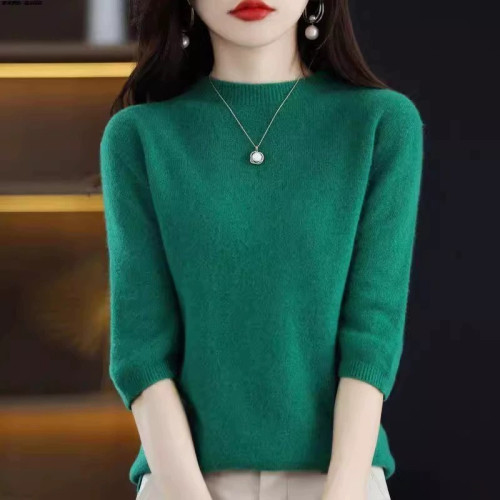 2024新款羊絨衫短袖女半高領100羊毛簡約寬松薄款七分袖羊毛衫ins