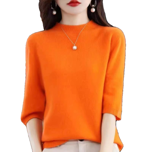 2024新款羊絨衫短袖女半高領100羊毛簡約寬松薄款七分袖羊毛衫ins