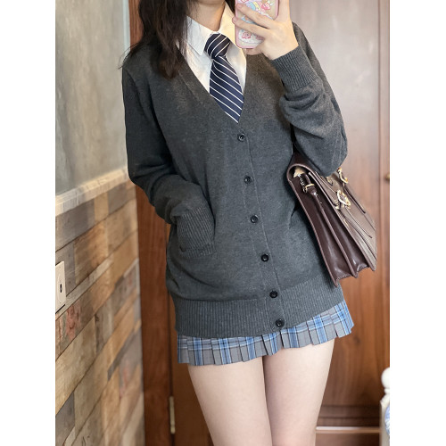 【LF原創開衫】基礎款日系百搭學院風校供感深灰針織衫JK製服毛衣