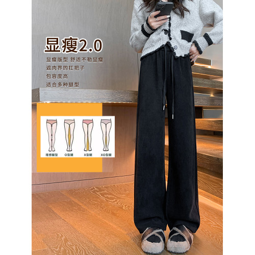 白色濶腿褲女2024新款冬季加絨窄版垂感大碼休閒春秋雪尼爾直筒褲