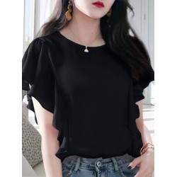 氣質荷葉邊雪紡衫短袖夏季新款大碼寬松顯瘦T恤遮肚子上衣女