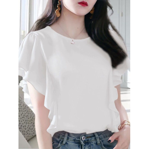 氣質荷葉邊雪紡衫短袖夏季新款大碼寬松顯瘦T恤遮肚子上衣女