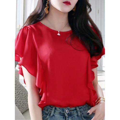 氣質荷葉邊雪紡衫短袖夏季新款大碼寬松顯瘦T恤遮肚子上衣女