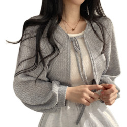 撿漏特價剪標折釦女裝復古小衆設計感綁帶燈籠袖防曬開衫女夏