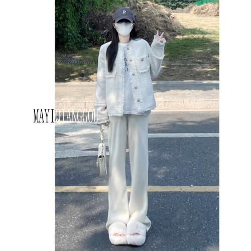 175高個子加長白色褲子女秋冬雪尼爾加絨高腰寬松直筒休閒針織褲 175高個子加長白色褲子女秋冬雪尼爾加絨高腰寬松直筒休閒針織褲