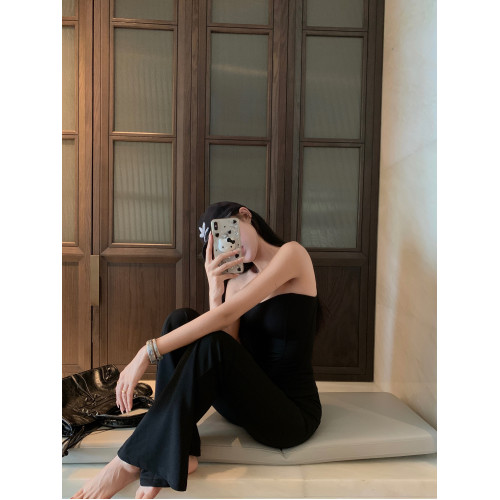 辣妹魚骨抹胸黑色背心女春季微喇叭休閒褲拖地長褲子禦姐風兩件套