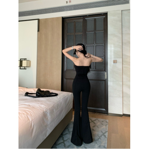 辣妹魚骨抹胸黑色背心女春季微喇叭休閒褲拖地長褲子禦姐風兩件套
