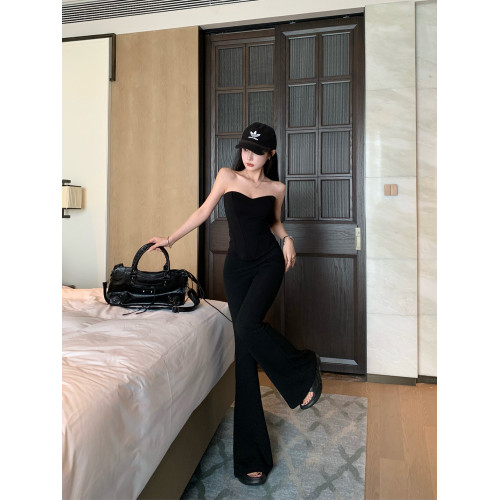 辣妹魚骨抹胸黑色背心女春季微喇叭休閒褲拖地長褲子禦姐風兩件套