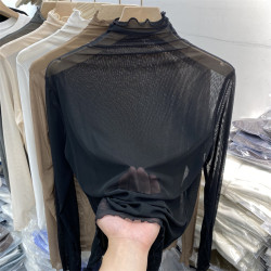 半高領蕾絲打底衫女秋冬毛衣內搭洋氣小衫透明黑色木耳邊網紗上衣