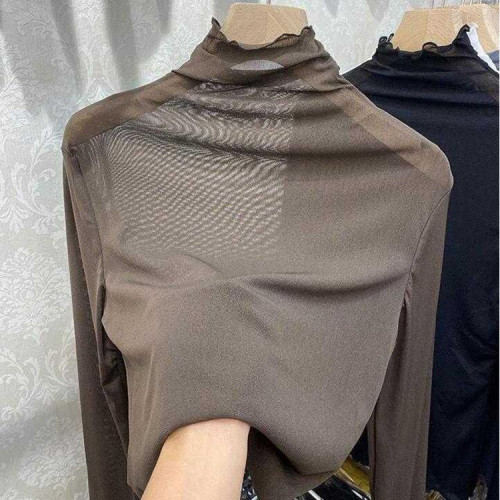 半高領蕾絲打底衫女秋冬毛衣內搭洋氣小衫透明黑色木耳邊網紗上衣