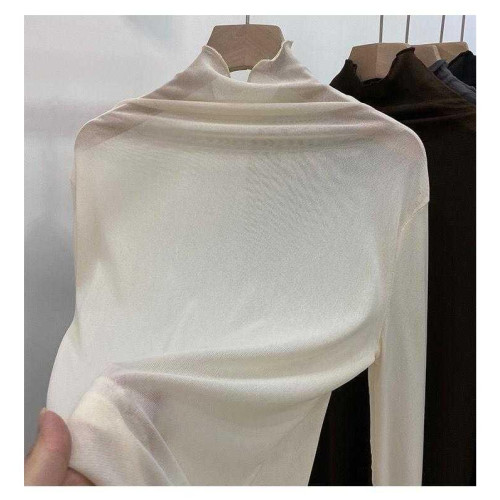 半高領蕾絲打底衫女秋冬毛衣內搭洋氣小衫透明黑色木耳邊網紗上衣