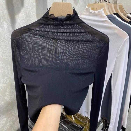 半高領蕾絲打底衫女秋冬毛衣內搭洋氣小衫透明黑色木耳邊網紗上衣