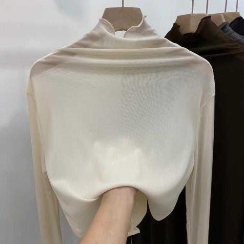 半高領蕾絲打底衫女秋冬毛衣內搭洋氣小衫透明黑色木耳邊網紗上衣